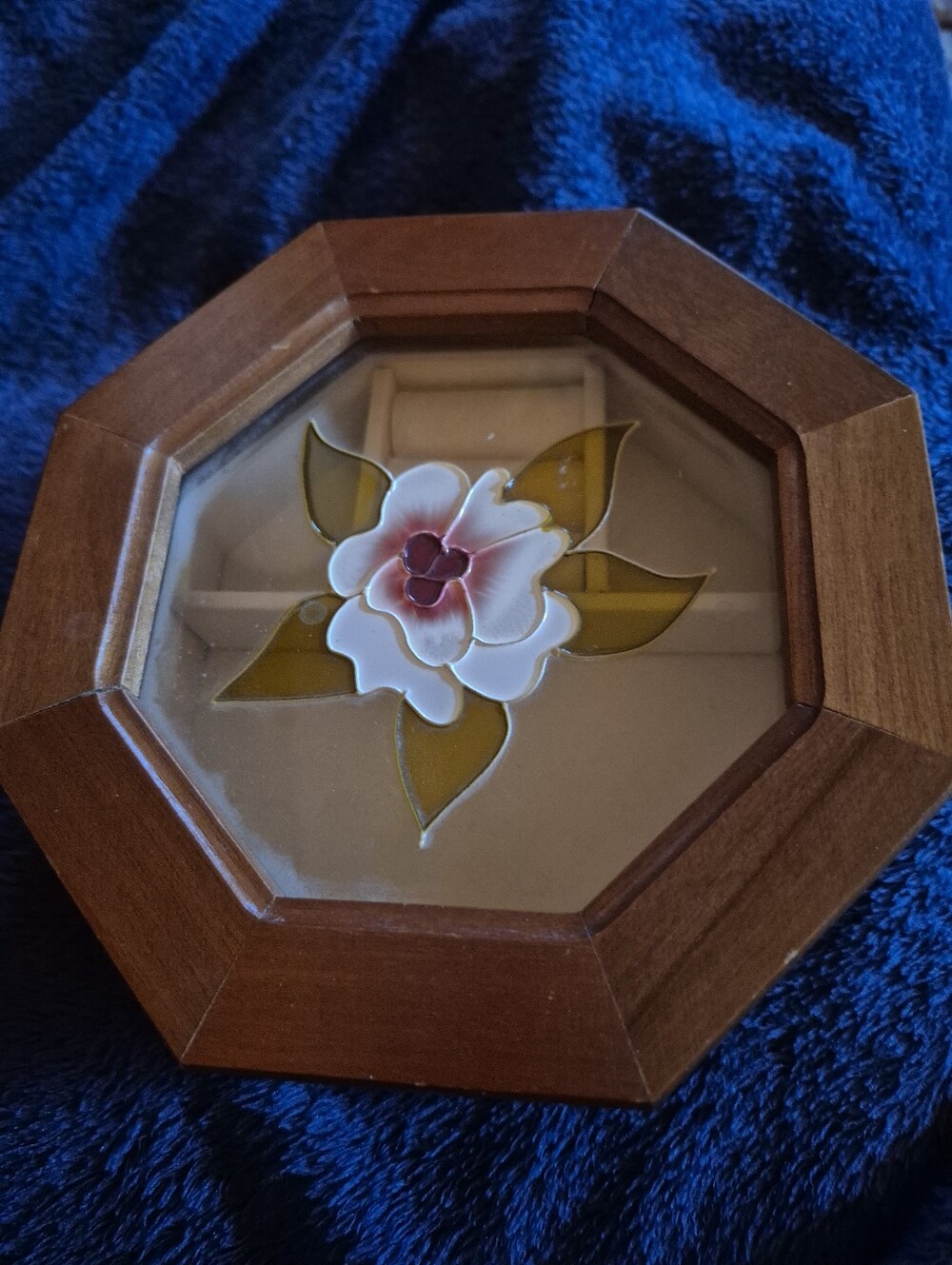 Octagonal Wooden Jewelry Box with Floral Glass Inlay - White & Olive